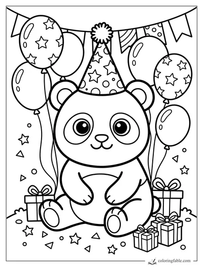 Kawaii panda in a party hat with balloons, bunting, gifts, stars, and confetti to color