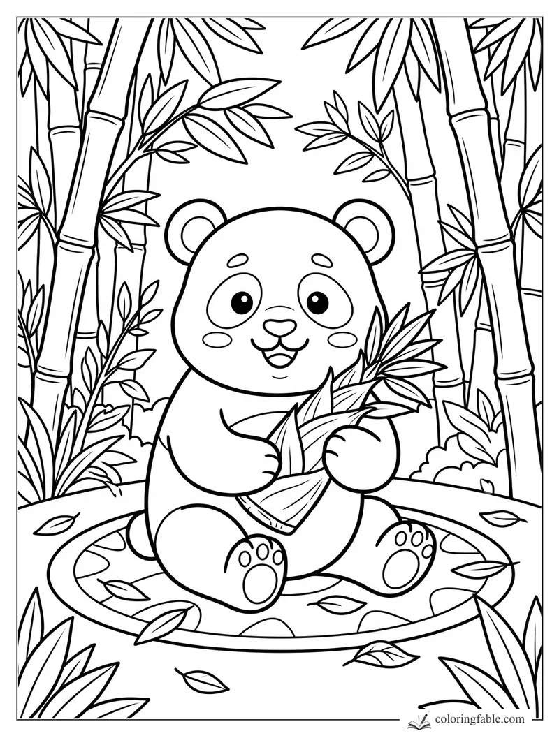 Kawaii panda sitting in a bamboo grove, holding leafy bamboo on a round mat with fallen leaves.