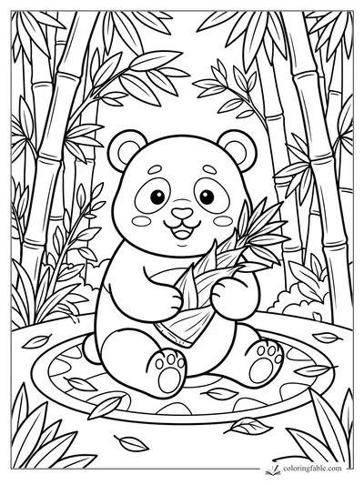 Kawaii panda sitting in a bamboo grove, holding leafy bamboo on a round mat with fallen leaves.