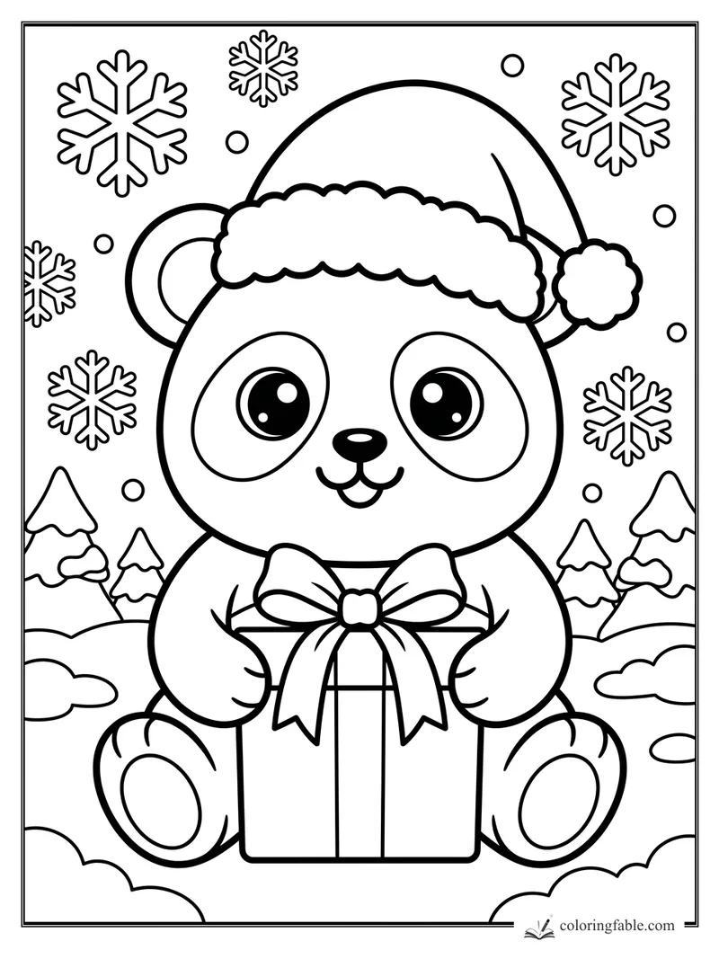 Kawaii panda in a Santa hat holding a wrapped gift among snowflakes and pine trees.