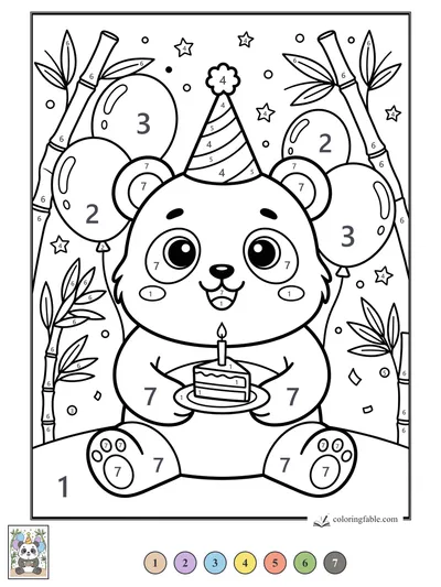 Kawaii Panda with Birthday Cake and Bamboo — color by number
