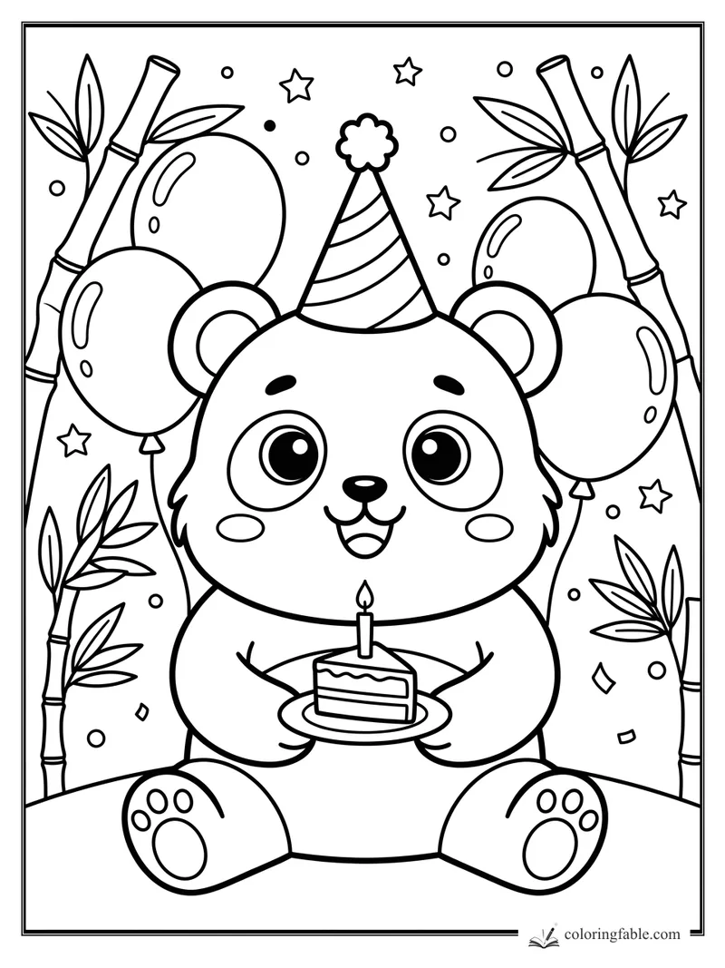 Kawaii panda in a party hat holding a candle cake, with balloons, bamboo, stars, and confetti.