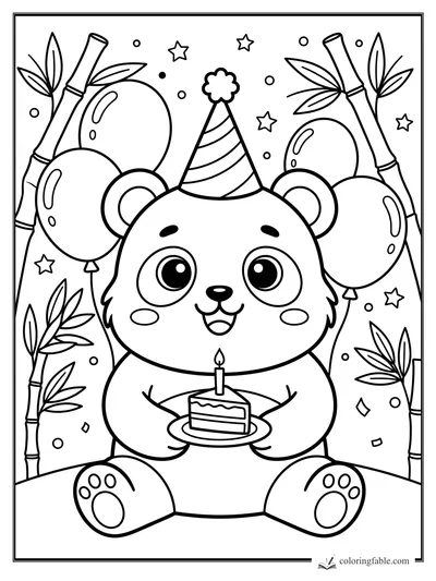 Kawaii panda in a party hat holding a candle cake, with balloons, bamboo, stars, and confetti.