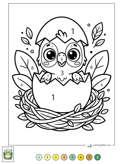Kawaii Parrot Chick Hatching in a Leafy Nest — color by number