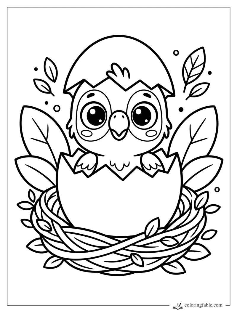 Kawaii baby parrot hatching from a cracked egg in a woven nest with tropical leaves.