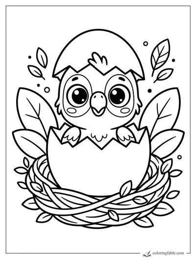 Kawaii baby parrot hatching from a cracked egg in a woven nest with tropical leaves.