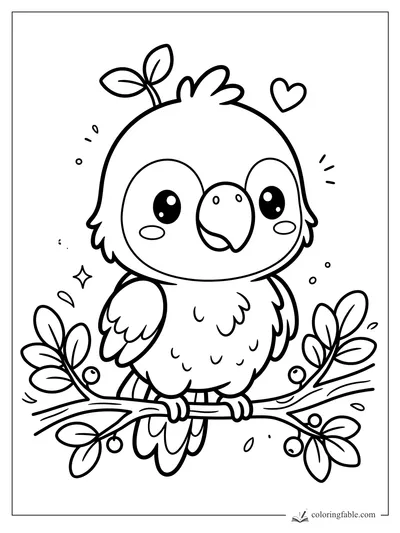 Kawaii parrot perched on a leafy berry branch with a heart and sparkle doodles.