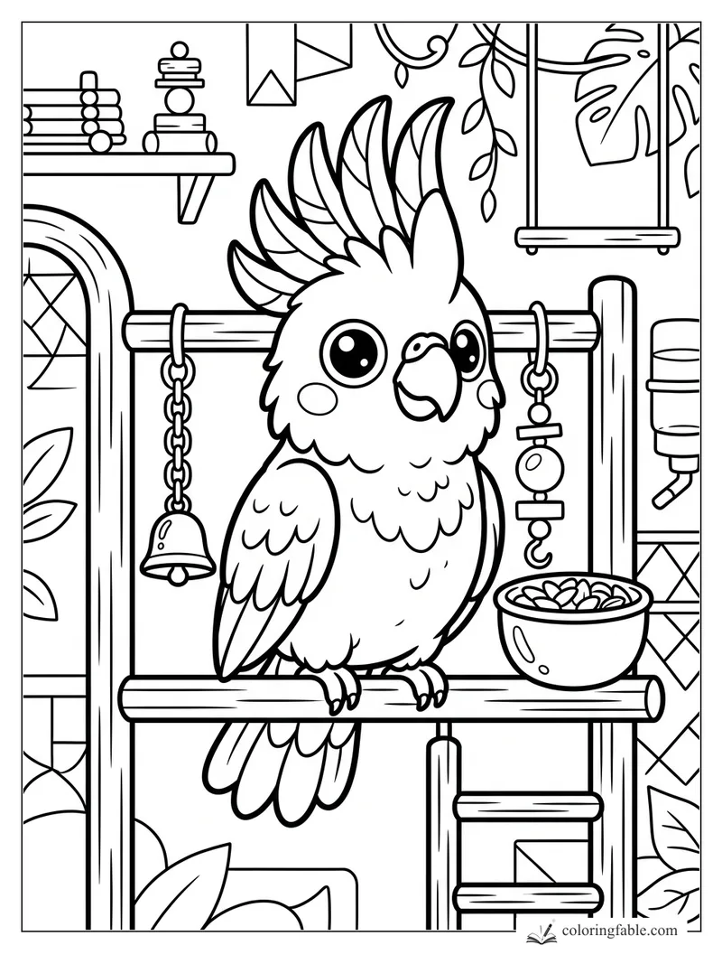 Kawaii parrot perched on a wooden play stand with bell, bead toy, seed bowl, ladder, and leafy window.