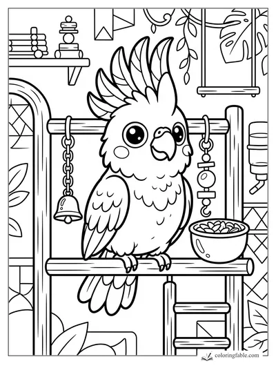Kawaii parrot perched on a wooden play stand with bell, bead toy, seed bowl, ladder, and leafy window.