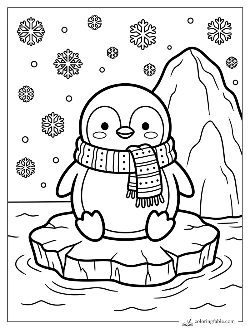Kawaii penguin in a striped scarf sitting on an ice floe with snowflakes and an iceberg behind it.