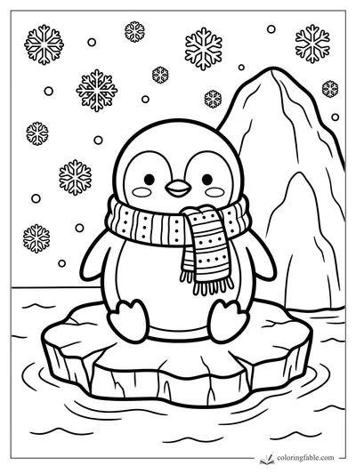 Kawaii penguin in a striped scarf sitting on an ice floe with snowflakes and an iceberg behind it.