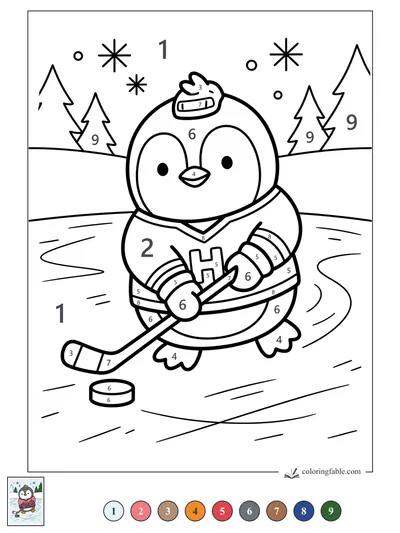 Kawaii Penguin Playing Hockey on a Snowy Pond — color by number