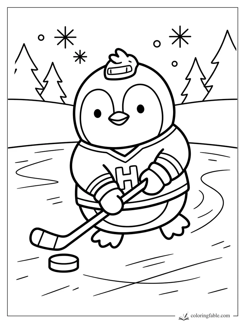 Kawaii penguin in a hockey jersey skating with a puck on a snowy pond among pine trees.