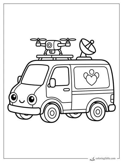 Kawaii animal rescue van with a roof drone, satellite dish, paw-heart logo, big eyes, and smiling bumper.