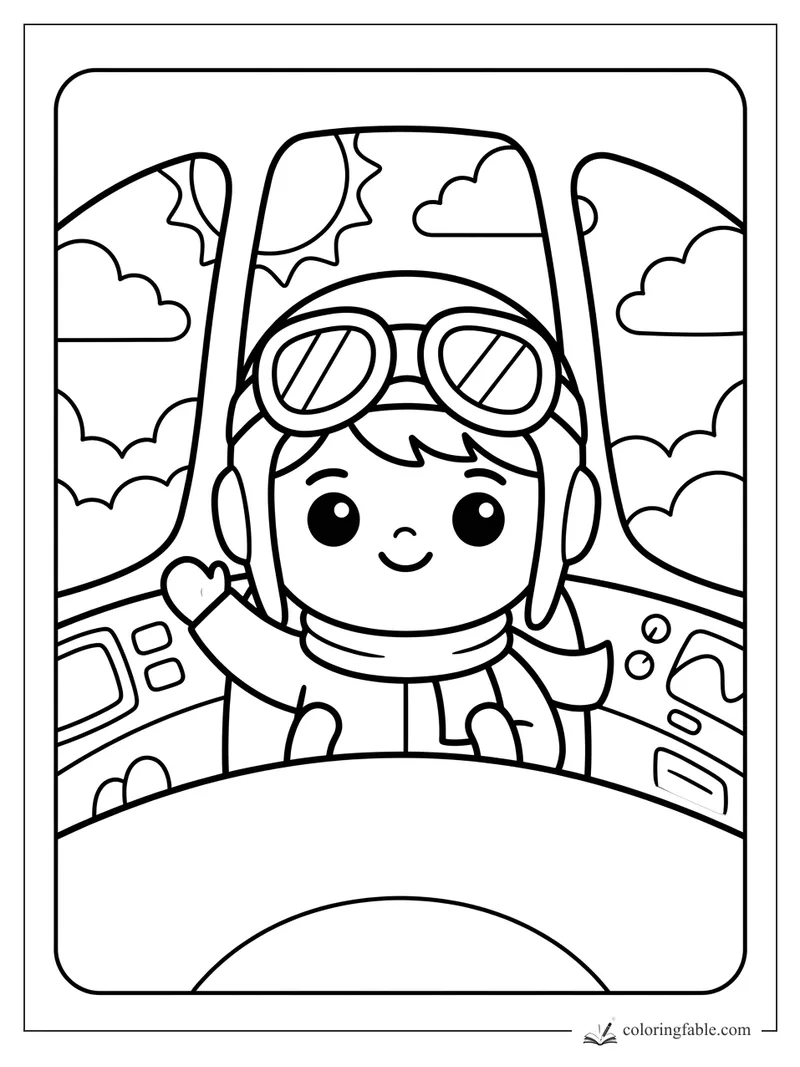 Kawaii child pilot with goggles waves inside an airplane cockpit above clouds and sunshine.