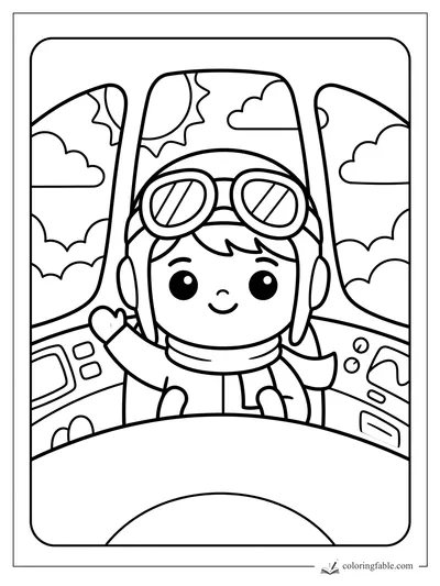 Kawaii child pilot with goggles waves inside an airplane cockpit above clouds and sunshine.