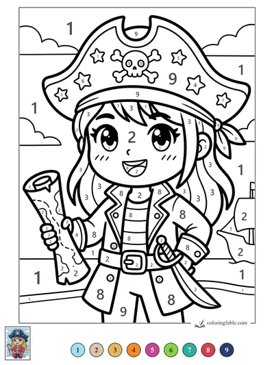 Kawaii Pirate Captain with Starry Hat and Map — color by number