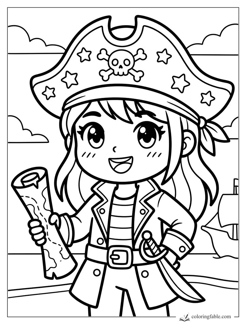 Kawaii pirate girl holding a rolled map, wearing a skull-and-stars hat with a sword at her side.