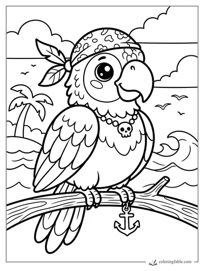 Kawaii pirate parrot with floral bandana, skull necklace, and anchor charm by waves and palm island