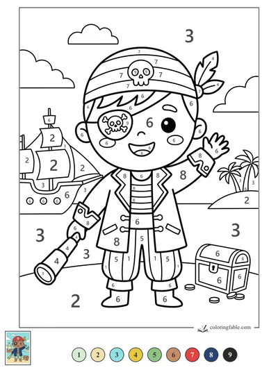 Kawaii Pirate Waving by the Treasure Chest — color by number