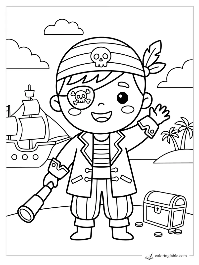 Kawaii pirate with eye patch, telescope, ship, island palms, and treasure chest coloring page