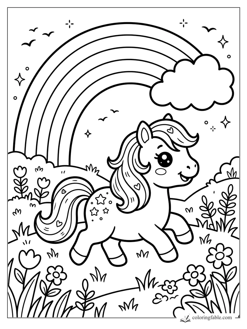 Kawaii pony with star markings trotting through flowers under a rainbow and cloud