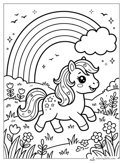Kawaii pony with star markings trotting through flowers under a rainbow and cloud