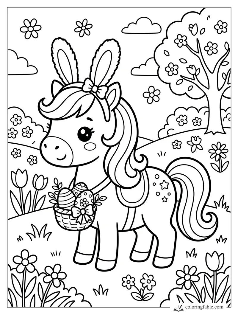 Cute kawaii pony wearing bunny ears and carrying an Easter egg basket in a flower meadow.