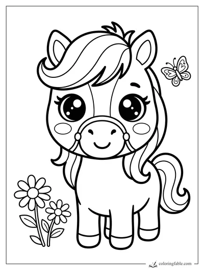 Cute kawaii pony with big eyes, flowing mane, butterfly, and two daisies coloring page