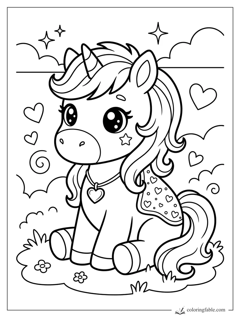 Kawaii unicorn pony sitting with a heart necklace, star cheek mark, curly mane, clouds, hearts, and sparkles.