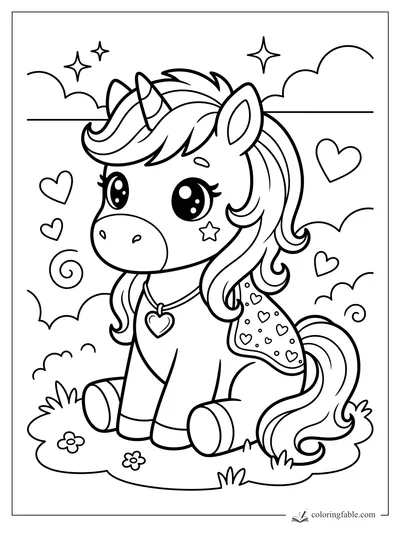 Kawaii unicorn pony sitting with a heart necklace, star cheek mark, curly mane, clouds, hearts, and sparkles.