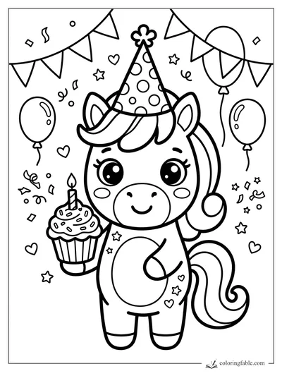 Kawaii pony in a polka-dot party hat holding a candle cupcake with balloons, bunting, stars, and confetti.