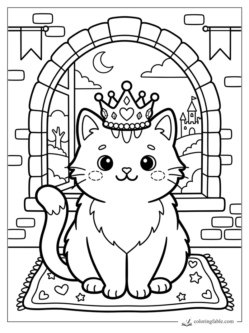 Kawaii cat wearing a jeweled crown on a heart-and-star rug by a castle window.