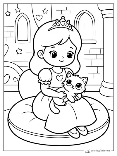 Kawaii princess holding a big-eyed kitten on a round cushion in a castle room with stars and arched windows