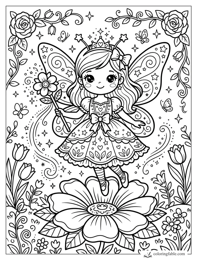 Kawaii princess fairy with wings, crown, star wand, butterflies, roses, tulips, and swirling vines