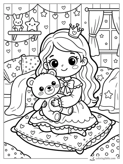 Kawaii princess cuddling a teddy bear on a heart pillow in a bedroom with stars and string lights