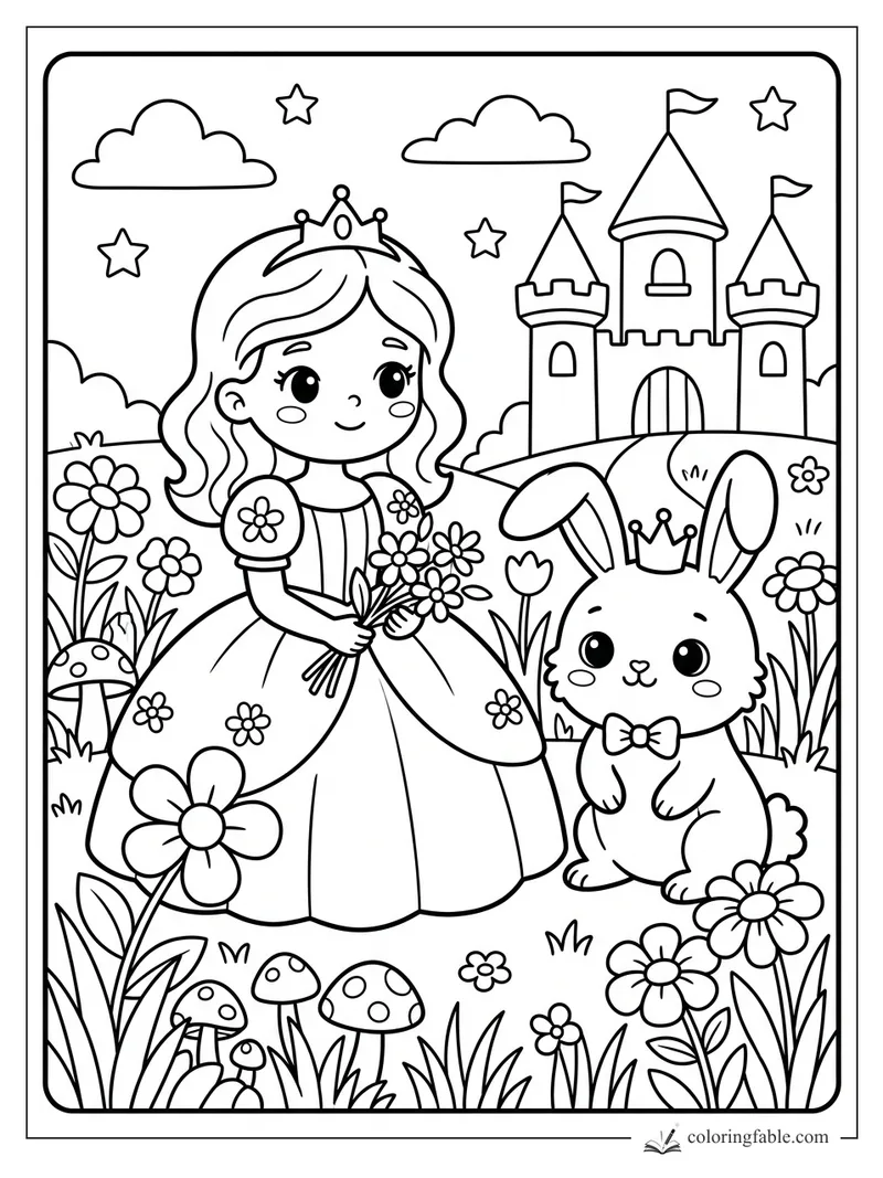 Kawaii princess holding flowers beside a crowned bunny, castle, stars, mushrooms, and daisies.