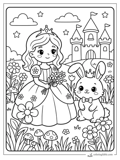Kawaii princess holding flowers beside a crowned bunny, castle, stars, mushrooms, and daisies.