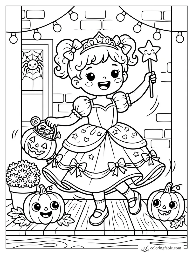 Kawaii girl in princess costume with wand and pumpkin candy pail on a Halloween porch