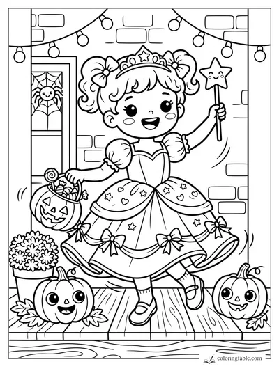 Kawaii girl in princess costume with wand and pumpkin candy pail on a Halloween porch