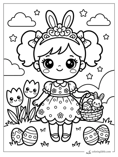 Kawaii princess with bunny-ear tiara, Easter basket, smiling tulips, eggs, stars, and clouds