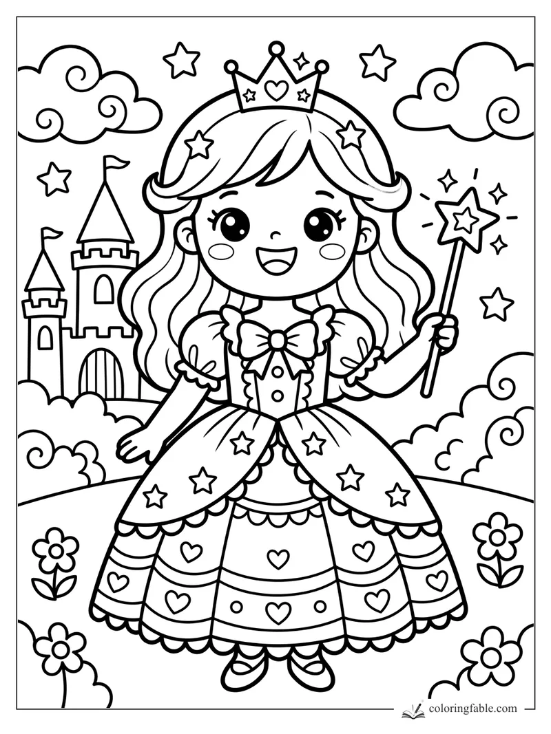 Kawaii princess holding a star wand beside a castle, clouds, flowers, and tiny stars