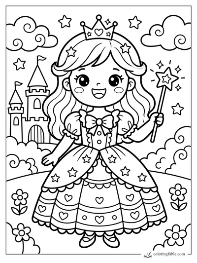 Kawaii princess holding a star wand beside a castle, clouds, flowers, and tiny stars