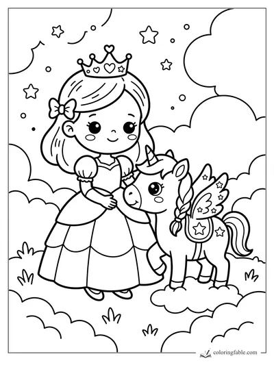 Kawaii princess with crown and bow beside a winged unicorn on clouds with stars