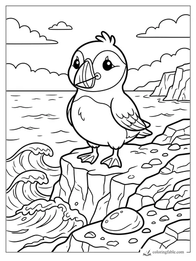Kawaii puffin wearing a shell mask on a rocky seaside cliff with waves and clouds