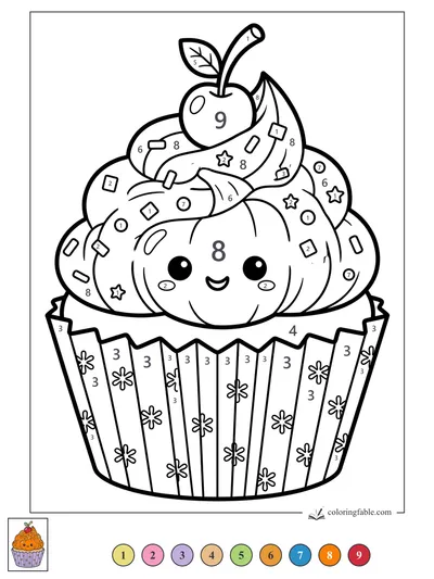 Kawaii Pumpkin Cupcake With Cherry Top — color by number