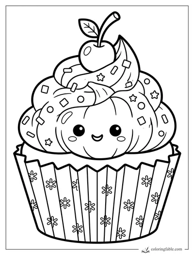 Kawaii smiling pumpkin cupcake with sprinkles, striped wrapper, cherry, leaf, and curly stem