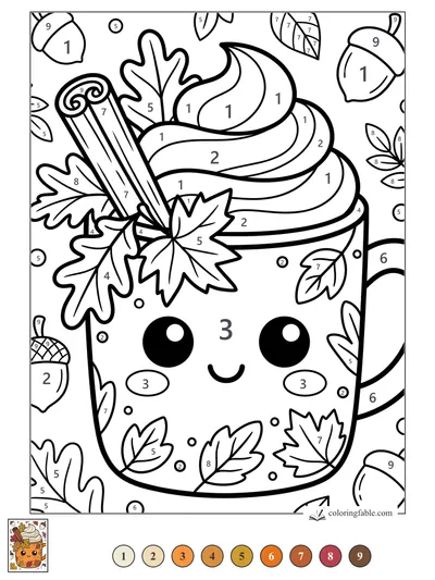 Kawaii Pumpkin Spice Cup with Cinnamon and Fall Leaves — color by number
