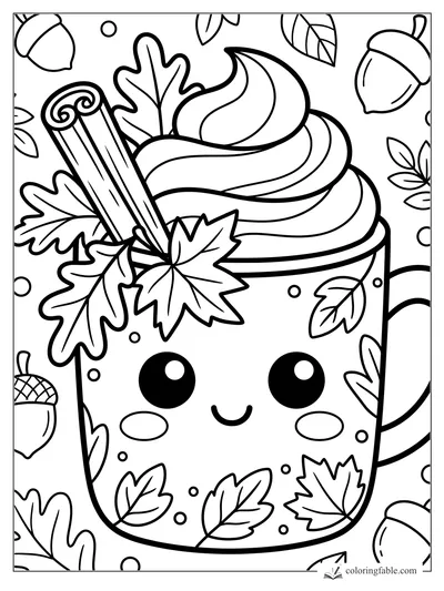 Kawaii pumpkin spice cup with whipped cream, cinnamon sticks, acorns, and autumn leaves coloring page