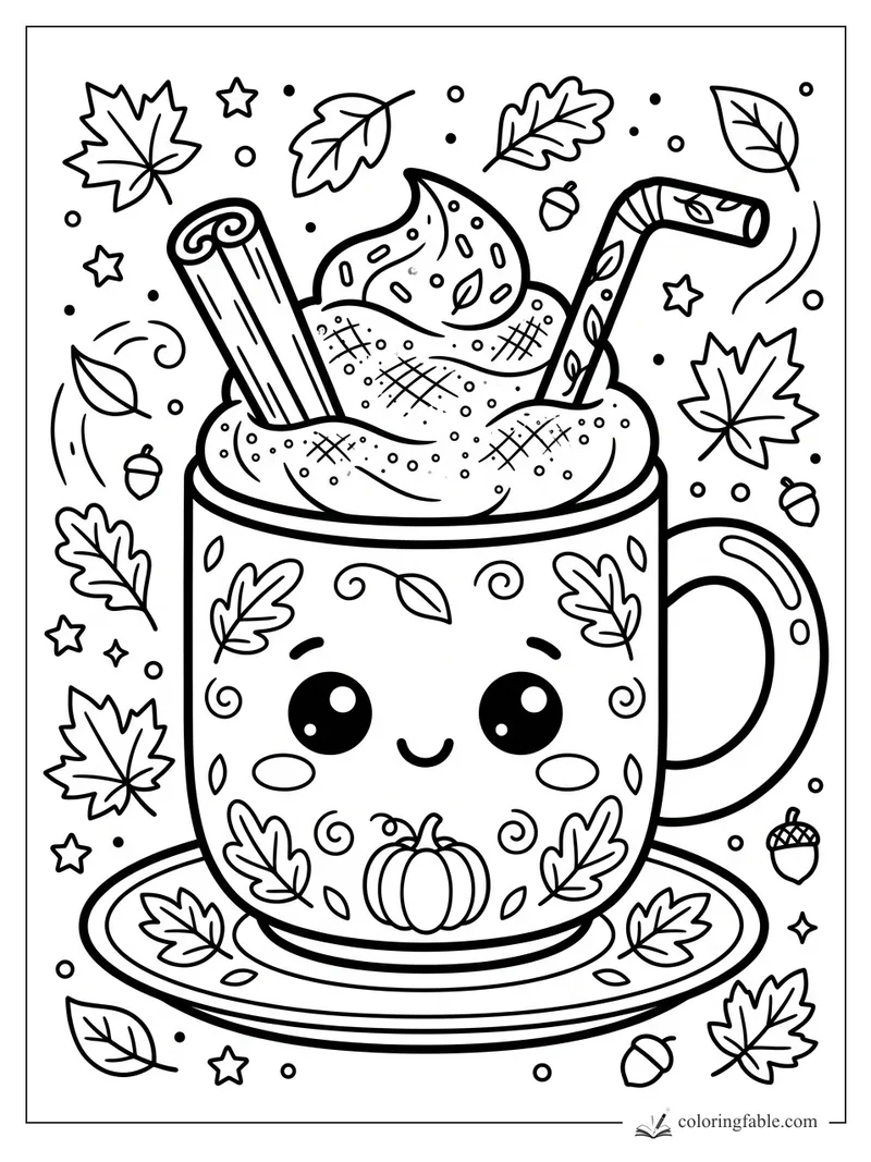 Kawaii fall mug with whipped cream, cinnamon stick, striped straw, leaves, acorns, and tiny stars.